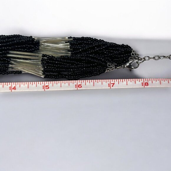 Vintage Multi-Strand Glass Bead Necklace Black Silver 36-38In Adj Boho Elegant - Picture 4 of 9